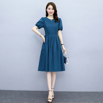Hangzhou four seasons Green Suhang womens clothing 2021 summer bubble sleeve cotton and hemp waist dress sweet and spicy skirt