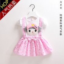 Childrens clothing girls summer strap set childrens cotton fake two-piece one-piece dress 2 baby skirt 1-5 years old
