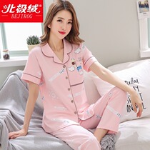 Arctic velvet pajamas womens summer pure cotton short-sleeved trousers Korean cardigan cute spring and autumn thin new home wear suit