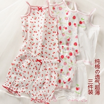 Ultra-thin breathable cotton mesh little girl childrens summer real shot Japanese suspender top shorts Strawberry sweetheart