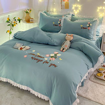 Korean thick cotton nude sleeping four-piece solid color quilt cover cover princess style embroidery quilt cover cotton sheet bed skirt