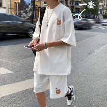 Short-sleeved t-shirt suit Mens summer thin ice silk trend Japanese with a handsome set of loose fashion brand summer clothes