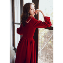Toast brides can wear long-sleeved winter wine red little man 2021 engagement skirt dress back door New