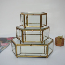 European-style glass transparent four-sided six-sided jewelry box ornaments creative copper-colored jewelry box home decorations