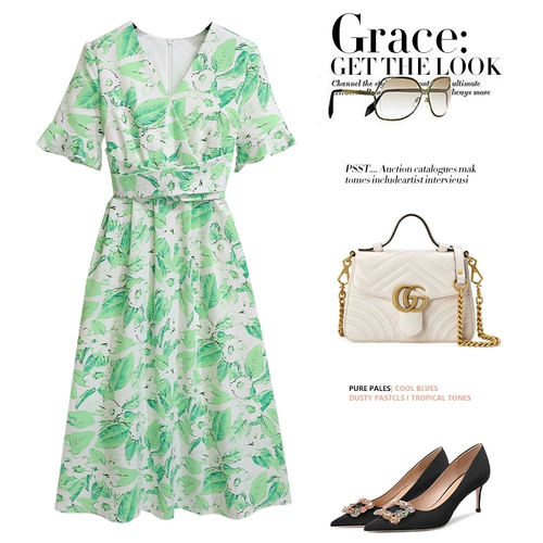 Мятное летнее платье, юбка, изысканный стиль, французский стиль, в цветочек, городской стиль, яркий броский стиль