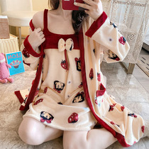 Coral Flannel Sleepwear Woman Long Sleeve Spring Autumn Winter Cute Sexy Tether Sleeping Gown Sleeping Dress Two Sets Bathrobe home Gun