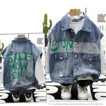  Laflai childrens clothing 2021 autumn new childrens graffiti denim vest boys color matching waistcoat top 8001