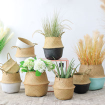 Seven MOS seaweed woven flower basket flower pot handmade rattan blue double ear folding storage storage Nordic decoration