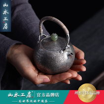 Landscape workshop Caviar pattern Hetian jade beam silver pot handmade one hit sterling silver 999 Yunlong 300ml tea pot