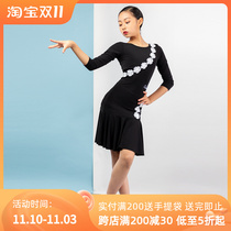Coria Latin dance dress girls and girls spring and autumn round neck lace appliqué large swing skirt training clothes practice uniform 3097