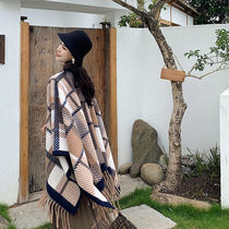Shawl coat womens autumn Korean version of wild tassel Plaid cardigan autumn and winter wool woolen long cloak Cape spring and autumn