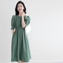 Japanese light luxury French age-reducing bubble sleeves retro temperament high waist thin stripe A-line dress womens long section