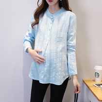 Autumn dress Korean version of stand collar long sleeve pregnant woman shirt short base coat spring and autumn maternity womens casual womens T-shirt