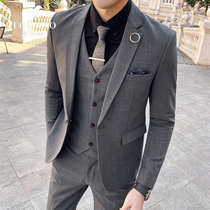Rich bird plaid suit men suit professional dress casual men Gray groomsman suit groom wedding dress
