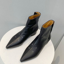 MM6 TIDE net red 2021 new pointed short boots coarse heel genuine leather gush small crowdwomen shoes ins tide Europe station