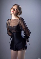 A set of mesh blouses high-waisted shorts black lace fishbone suspenders