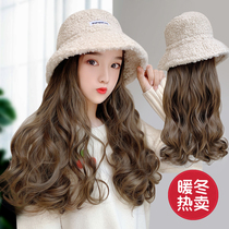 Wig women long hair wig hat one fashion long curly hair autumn winter Net red fisherman hat natural full head cover