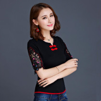 Hollow beaded embroidery five-point sleeve womens t-shirt Ethnic style embroidered slim-fit base shirt Tang middle sleeve half sleeve Chinese style