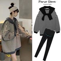 Pregnant Woman Autumn Clothing Suit Fashion style Long sleeves T-shirt blouses Two sets of Korean version Striped Big Code Womens Clothing