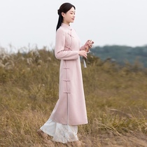 Hanfu Chinese style Tang suit Chinese button womens Zen tea dress womens autumn and winter woolen jacket improved cheongsam top