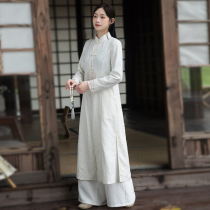 Tang Chinese style retro womens autumn and winter Chinese embroidery Hanfu modified version cotton cheongsam top Zen tea suit
