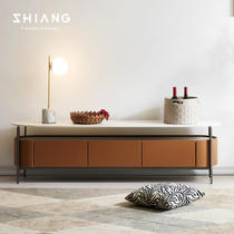 Italian modern minimalist saddle leather TV cabinet marble face small apartment living room storage cabinet home locker