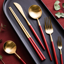 Modern Housewife Golden 304 stainless steel steak knife fork spoon Western food set fork spoon chopsticks home