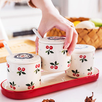 Modern housewife seasoning jar ceramic Cherry household salt Jar Kitchen seasoning bottle combination set seasoning box seasoning jar