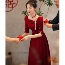 Toast service bride spring and autumn wine red little man engagement dress can usually be worn back to the door sleeve French women Autumn