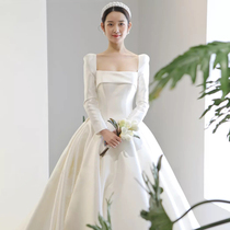 Satin long sleeve wedding dress 2021 new bride temperament French simple shoulder pregnant women wedding dress belly Silk