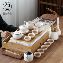 White porcelain cover bowl tea cup set Household living room small set Ceramic simple Kung Fu tea set Tea pot set storage box