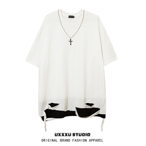 UXXXUSTUDIO Original minimalist fake two pieces Holes Stack Wearing undershirt T Male Loose High Street Subi Shorter Teak