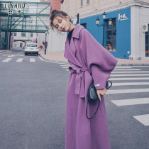 Purple woolen coat womens long knee super long autumn and winter 2021 New temperament Hepburn wind thick woolen coat