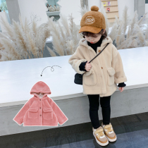 Girls coat autumn and winter hooded sweater 2021 new foreign-style childrens lamb cashmere childrens coat