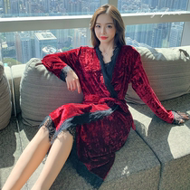  Golden velvet pajamas womens spring autumn and winter sexy lace suspenders long-sleeved nightgown nightgown mid-length 2021 new