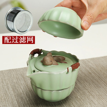 Longxun fast passenger Cup portable travel tea set set simple one pot two cups ceramic simple Ru kiln teapot