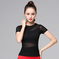 Dance clothes Round neck practice clothes Modern national standard dance mesh stitching Latin dance top Slim-fit dance clothes for women into short sleeves