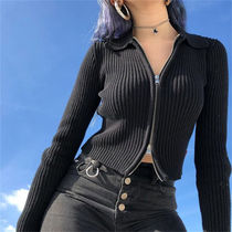 Black zipper knitted cardigan autumn and winter New inner sweater jacket women tight European and American base long sleeve top tide tide