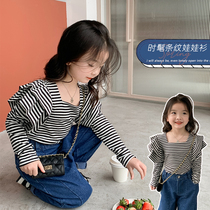 Ex-mothers spring clothing girl foreign air lace with small flying sleeves blouses childrens baby Han version of square collar striped doll-shirt tide