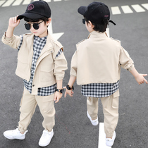 Childrens clothing boys fashion autumn suit trend 2021 New handsome fashionable plaid cotton Foreign three-piece set