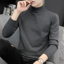 Autumn and winter new semi-turtleneck sweater mens trend Joker solid color mens cardigan plus velvet padded knitted base shirt