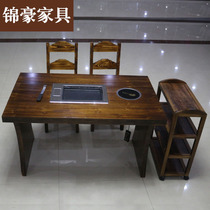 Customized solid wood retro hot pot table charcoal grilled wood hot pot table and chairs hotel hot pot restaurant table and chairs smokeless paper barbecue table