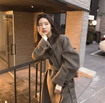 French sandro double-sided cashmere coat womens long knee Korean lace-up loose wool jacket