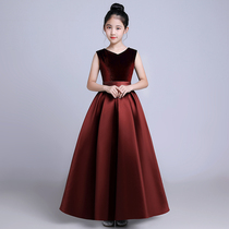 Buying Blue Girl piano competition dress long cello performance princess dress wine red childrens stage host