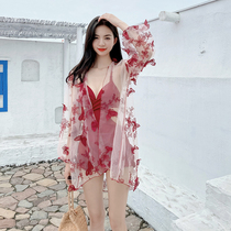 One-piece swimsuit female Conservative thin belly cover belly hot spring vacation sexy long sleeve shirt 2021 new fairy fan