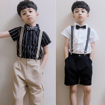 Summer childrens catwalk dress handsome boy short sleeve shirt strap shorts two-piece boy host Flower Boy