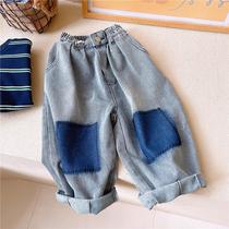 Xiao Ji Gu 2021 New Product ~ Handsome Korean childrens casual pants boys and girls pants childrens jeans tide 3