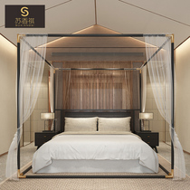 The new Chinese-style light luxury wood canopy bed 1 8 m light luxury Zen Chinese style hotel Casa bedroom bed furniture