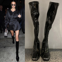 Thin long legs super good-looking boots small white metal square head boots but knee high and thick boots