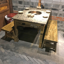 Hot pot table commercial barbecue table and chair retro solid wood hot pot table induction cooker integrated restaurant hot pot table